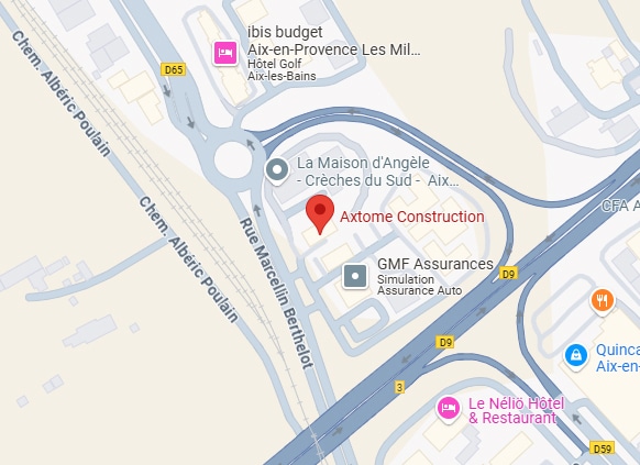 Carte situant Axtome Construction à Aix-en-Provence, marquée par une épingle rouge. Proche de La Maison d'Angèle et GMF Assurances.