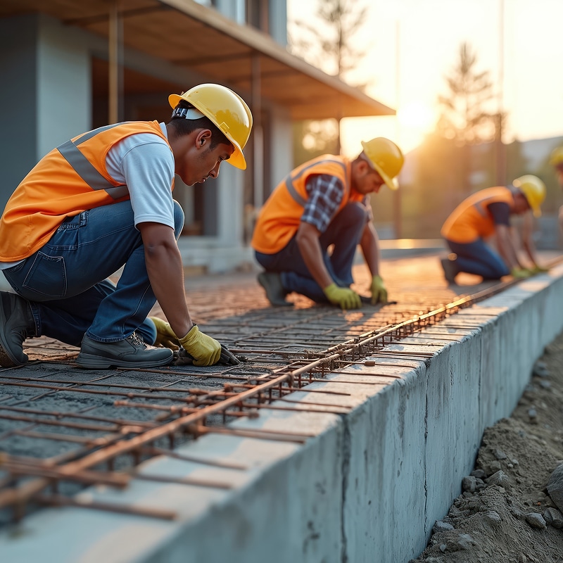 Construction: Ouvriers lient les armatures d'une fondation Workers in casques et gilets de sécurité lient les armatures d'une fondation en béton au coucher du soleil.