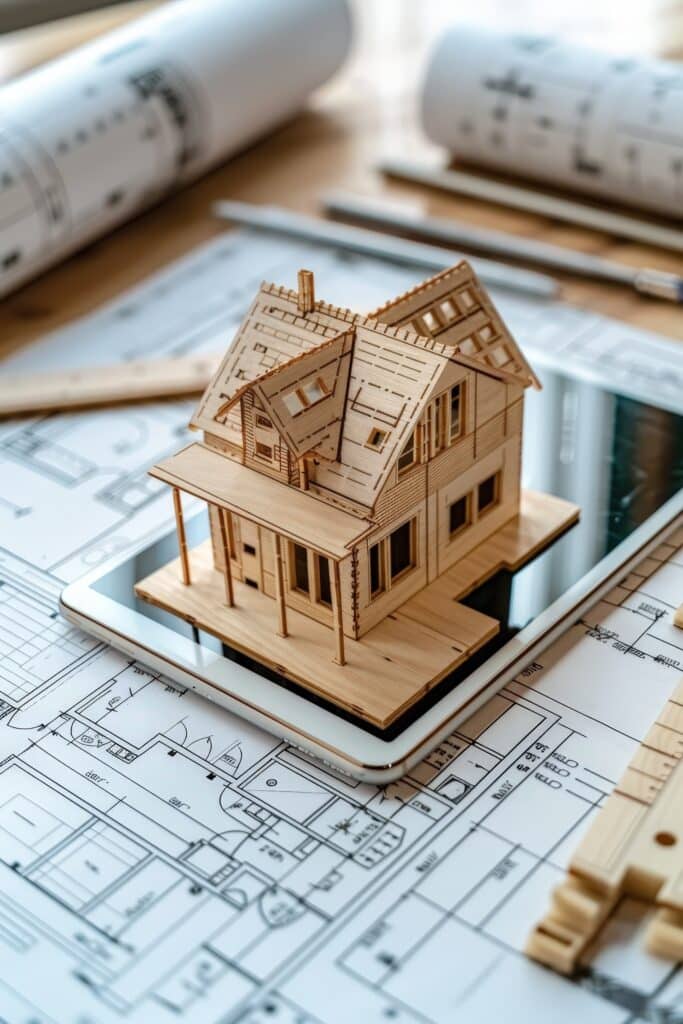 Maquette de maison et plans : L'architecture moderne au bout des doigts Maquette en bois d'une maison sur tablette, posée sur des plans d'architecte. Rouleaux de plans et outils de dessin en arrière-plan.